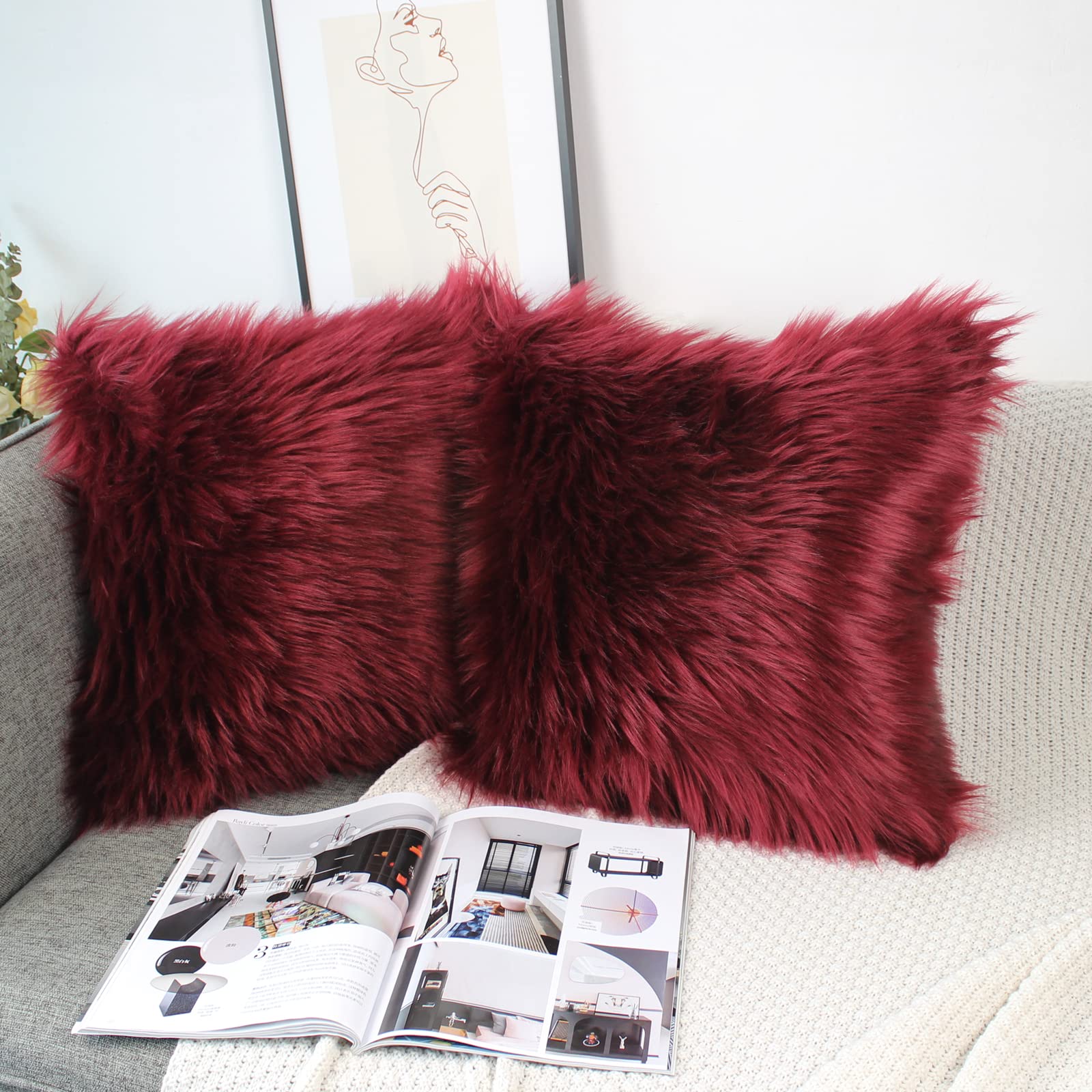 OYIMUA Burgundy 18x18 Cushion Covers Pack of 2 Fluffy Soft Faux Fur Square Pillowcases Autumn, Luxury Home Decorative Cozy Plush Pillow Covers Case 45 x 45 for Sofa Bed Living Room