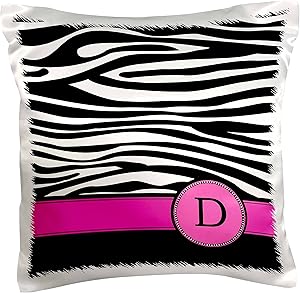 3dRose pc_154275_1 Letter D Monogrammed Black and White Zebra Stripes Animal Print with Hot Pink Personalized Initial Pillow Case, 16