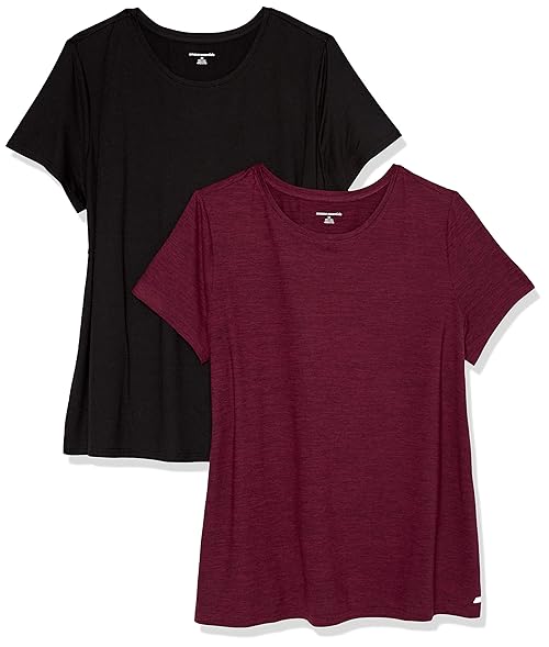 Amazon Essentials Women's Active Quick Dry Tech Stretch Short-Sleeve Crewneck T-Shirt (Available in Plus Size), Pack of 2, Black/Burgundy Space Dye, XX-Large