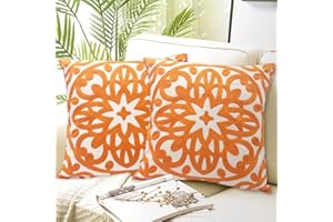 Alysheer Embroidered Decorative Throw Pillow Covers 18"x18" Set of 2 Pieces, Classic Boho Mandala Knit Pattern, 100% Cotton Canvas Cozy Vibrant Cushion Cases for Sofa Couch Living Room (Bright Orange)