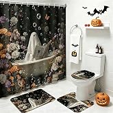 4Pcs Halloween Shower Curtain Set Funny Vintage Ghost Bathroom Decor Set with Non-Slip Washable Bath Rugs, Toilet Lid Cover Funny Retro Halloween Bathroom Decor Accessory