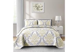 DRUCON Yellow Quilt Set Queen Size 3 Pieces Boho Damask Quilt Bedspread Coverlet Set Soft Microfiber Lightweight Bedding Set for All Season (Queen, 90"x96")