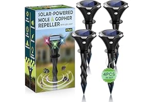 VSYT Solar Mole Repellent Ultrasound, Gopher Repeller with LED Night Light, Vole Repeller Outdoor Waterproof, Snake Chipmunk Sonic Spike Stakes in Yard, Lawn, Garden, 4 Pack, Black