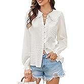 ECOWISH Women's Long Sleeve Shirts - Peter Pan Collar Button Down Blouse Dressy Casual Puff Cotton Elegant Fall Tops