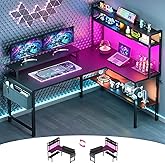 Cyclysio L Shaped Gaming Desk, Small Computer Desk with Power Outlets & LED, Reversible Game Desk with Monitor Stand & Booksh