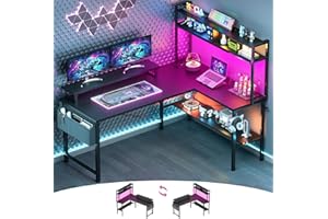 Cyclysio L Shaped Gaming Desk, Small Computer Desk with Power Outlets & LED, Reversible Game Desk with Monitor Stand & Booksh