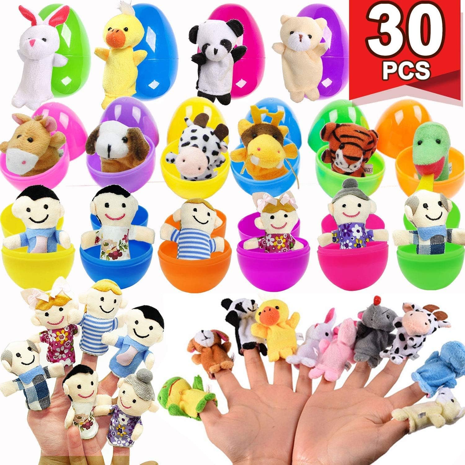 30 PCS Finger Puppet Easter Eggs for Easter Theme Party Favor, Animal Zoo Family Finger Puppets in 2.5" Color Plastic Easter Surprise Eggs for Kids Toddlers Easter Eggs Hunt Easter Basket Stuffers