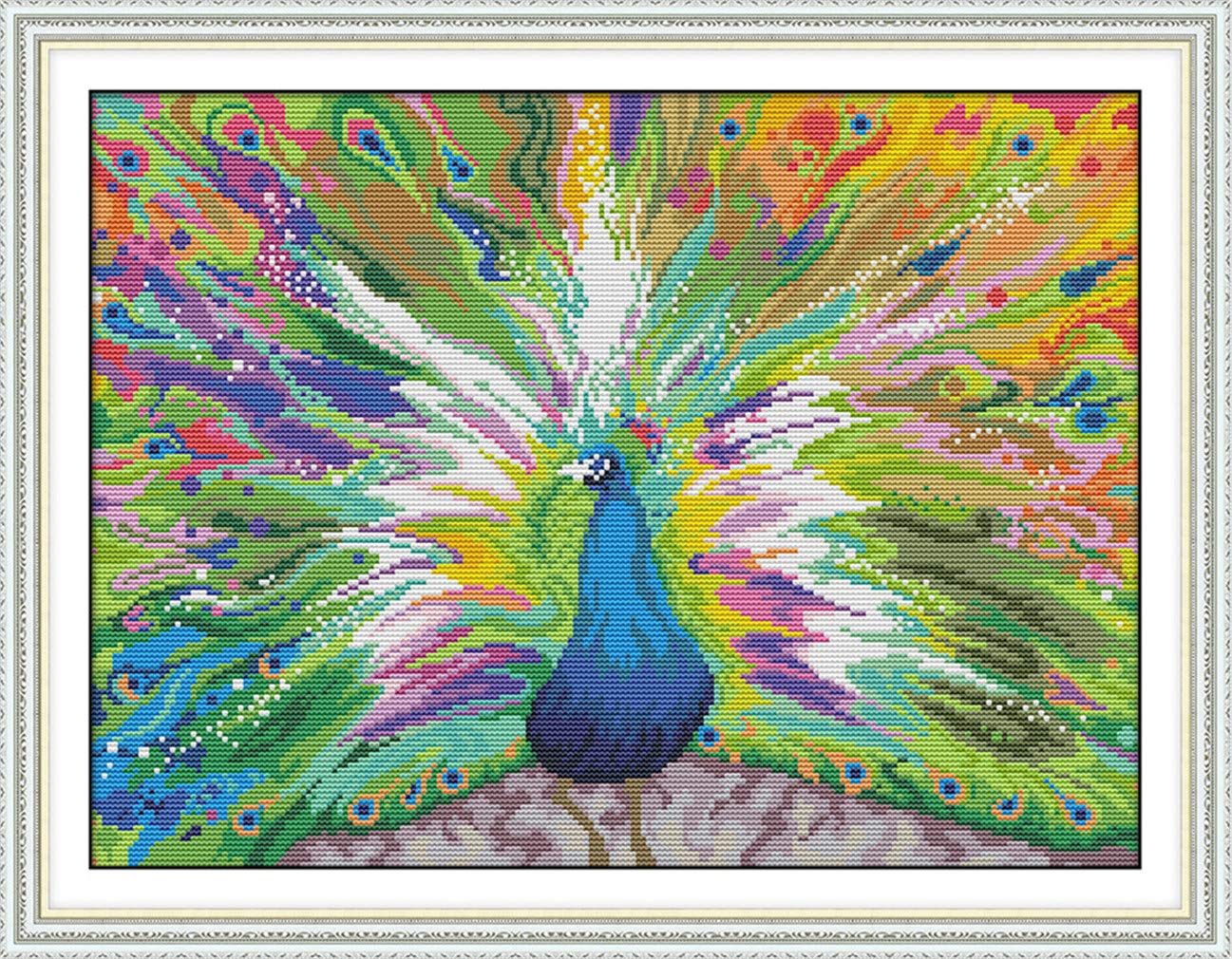YEESAM ART Unstamped Cross Stitch Kits for Adults, Peacock Opening 14ct Counted Unprinted Embroidery Kit Needlework Wall Art Decor