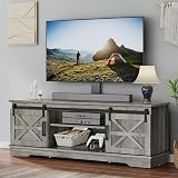 YITAHOME Farmhouse TV Stand for Living Room with Mount, Entertainment Center with 3 Height Adjustment for 32-70 inch TVs, Media Console Cabinet with Sliding Barn Door, Grey