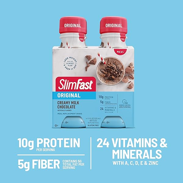 SLIMFAST MEAL REPLACEMENT SHAKE, ORIGINAL CREAMY MILK CHOCOLATE, 10G OF READY TO DRINK PROTEIN FOR WEIGHT LOSS, 11 FL. OZ BOTTLE, 4 COUNT (PACKAGING MAY VARY)