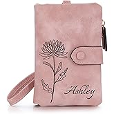OTXIXTO Personalized Leather Wallets for Women with Zipper Coin Purse, Wrist Strap, Small Ladies Wallet with Name Birth Flower for Girlfriend Wife Mother's Day - Pink