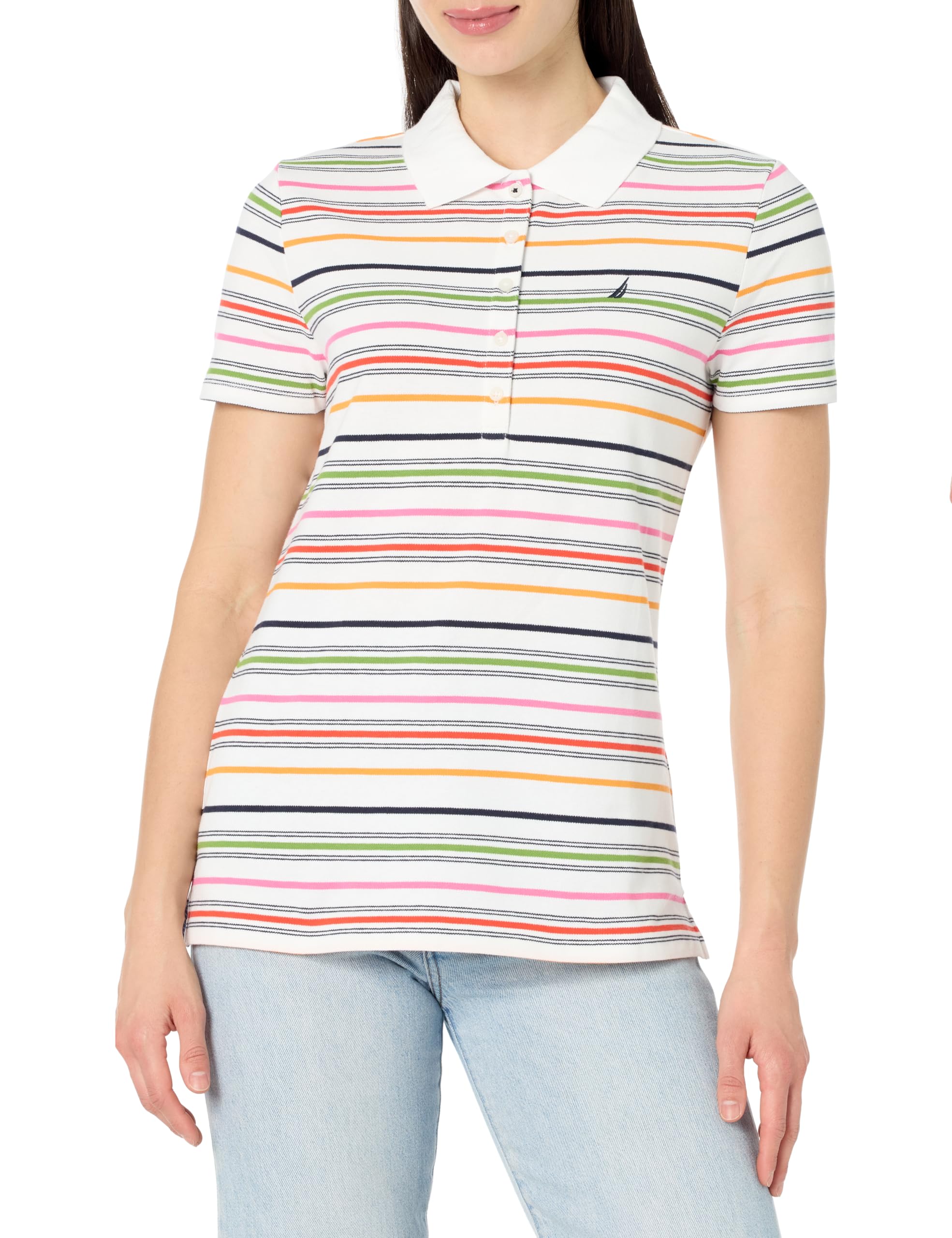 Nautica Women's Polo Short Sleeve Button Placket Polo, Bright White Multi, Small Image