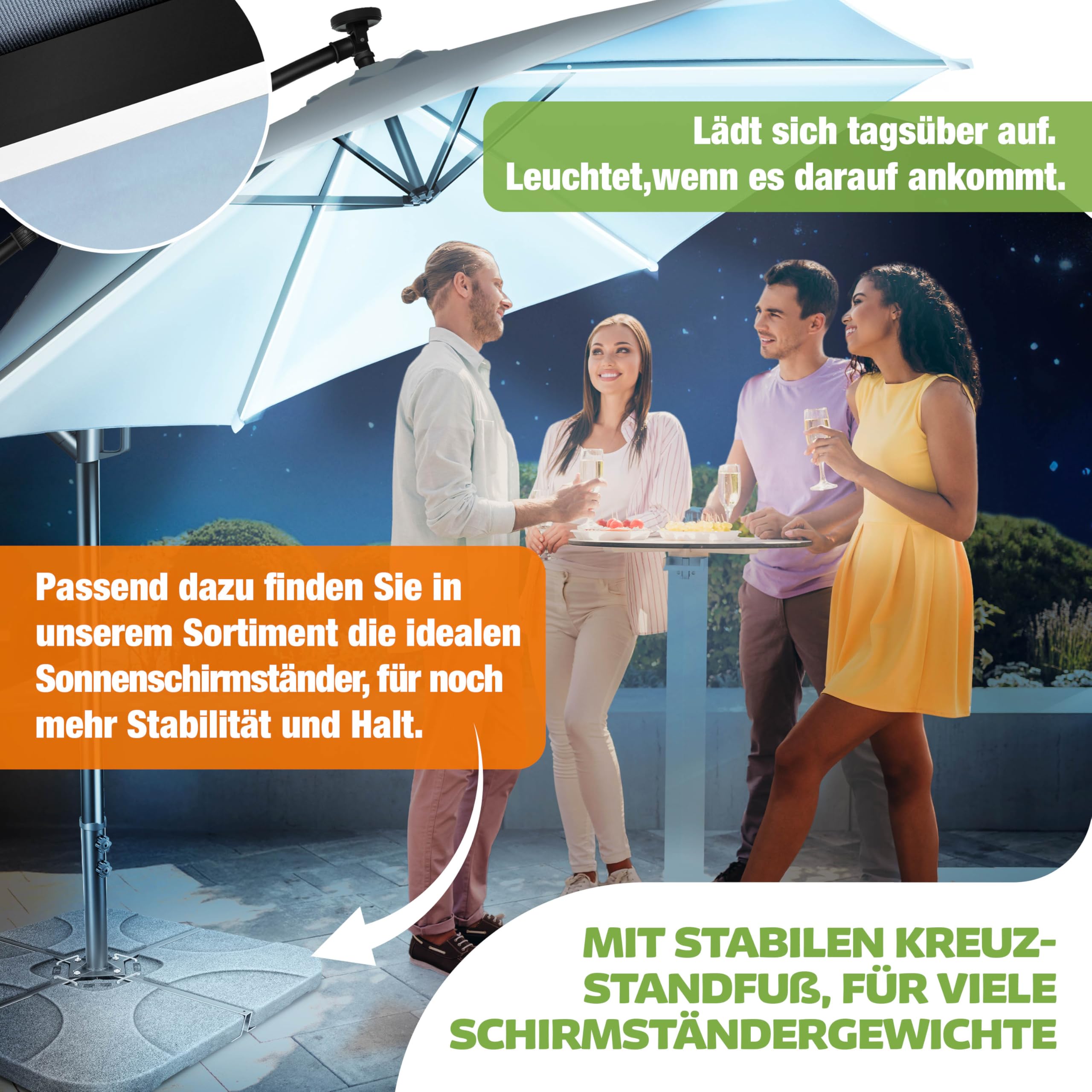 KESSER® Sonnenschirm Solar Ø 300 cm/Ø 350 cm mit LED Beleuchtung, Ampelschirm mit Kurbel, Garten, Sonnenschutz, Gestell & Ständer aus Alu, UV-Schutz, wasserdicht + Windfest, 360° Funktion + Hülle 6