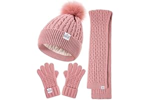 SENPUKI Kids Winter Hat Gloves Scarf Set,Girls Toddler Winter Hat Beanie with Pom Neck Warmer Gaiter Mittens Fleece Lined Set