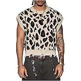 BEAUDRM Men's Leopard Sweater Vest Y2k Cheetah Distressed Crewneck Cap Sleeve Knit Tops