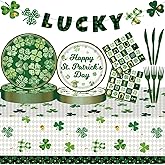 102 Pcs St. Patrick's Day Paper Plates and Napkins Green Shamrock Lucky Banner Disposable Tablecloth Dinnerware Set St Patricks Day Party Decorations Irish Themed Birthday Holiday Party Supplies