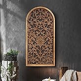 WREVERW Rustic Boho Arched Wood Wall Art, Hand-Carved Floral Panel | Distressed brown finish, vintage farmhouse hanging wall sculpture for living room bedroom entryway, 15" x 31"