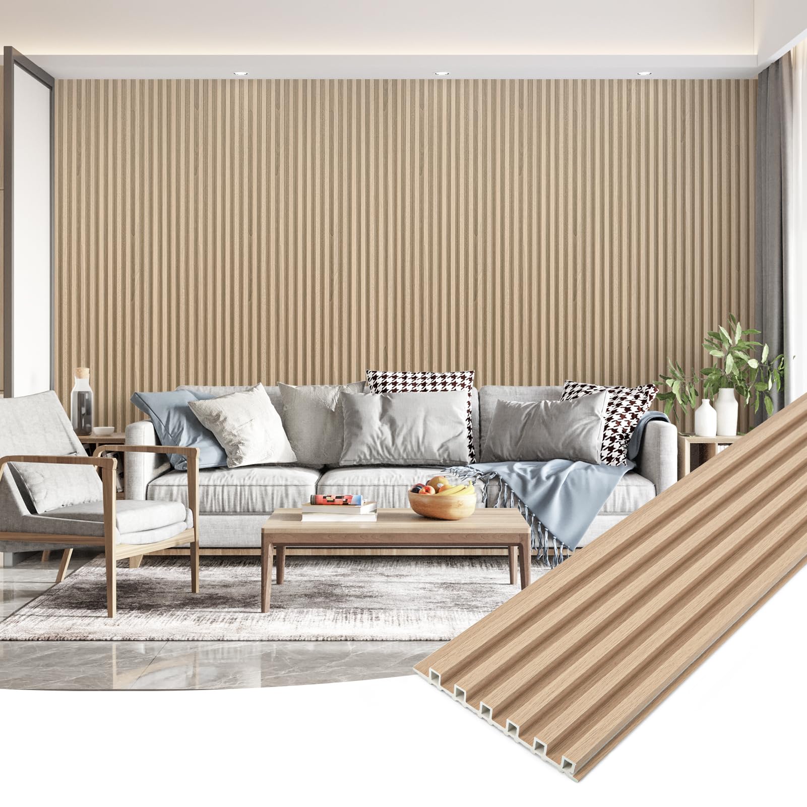 Photo 1 of Art3dwallpanels Wood Slat Wall Paneling, 104'' x 6.7'' WPC Soundproof 3D Wall Panels for Interior Wall Decor, 8 Pack Fluted Textured Panel Wall Slats, Oak