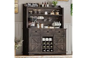 REVOMINCA Farmhouse Coffee Bar Cabinet with 3-Tier Storage, 63 Inch Kitchen Hutch Storage with 3 Drawers, Tall Coffee Bar with Holders, Wine Bar Cabinet for Living Dining Room, Oak