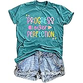 Teacher T-Shirt for Women Progress Over Perfection Graphic Shirt Inspirational School Teaching Tee Top