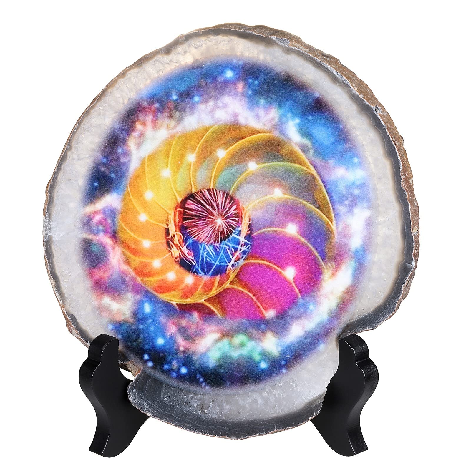 KYEYGWO Natural Irregular Agate Slice Painting Decor with Wooden Stand Agate Geode Slab for Desk Hallway, Hyperspace
