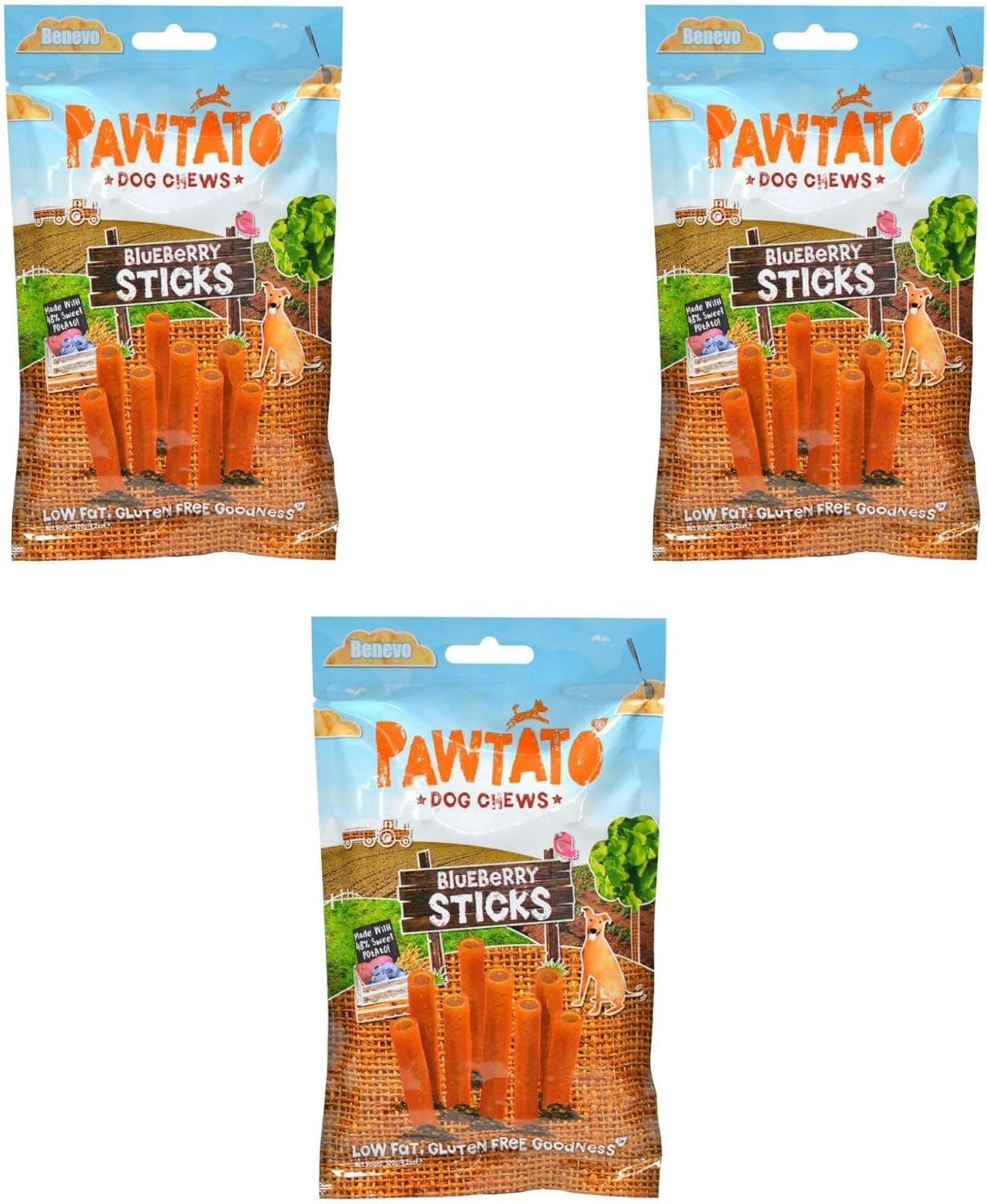Benevo Pawtato Blueberry Sticks,120g - 3 Pack, 120 g (Pack of 3)