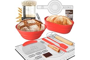BICRET Sourdough Starter Kit with Jar – Complete Sourdough Bread Baking Supplies for Beginners, Includes 2 Silicone Proofing Baskets Baking Mat Sour Dough Kit - Red