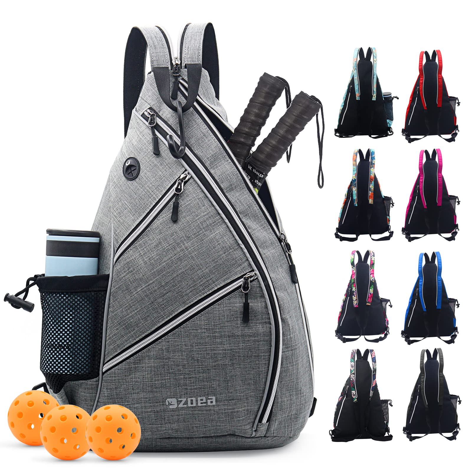ZOEA Pickleball Bag, Sport Pickleball Sling Bag for Women Man, Adjustable Pickleball Backpack with Fence Hook Water Bottle Holder, Fits 4 Paddles and All Your Other Gear (White Grey)