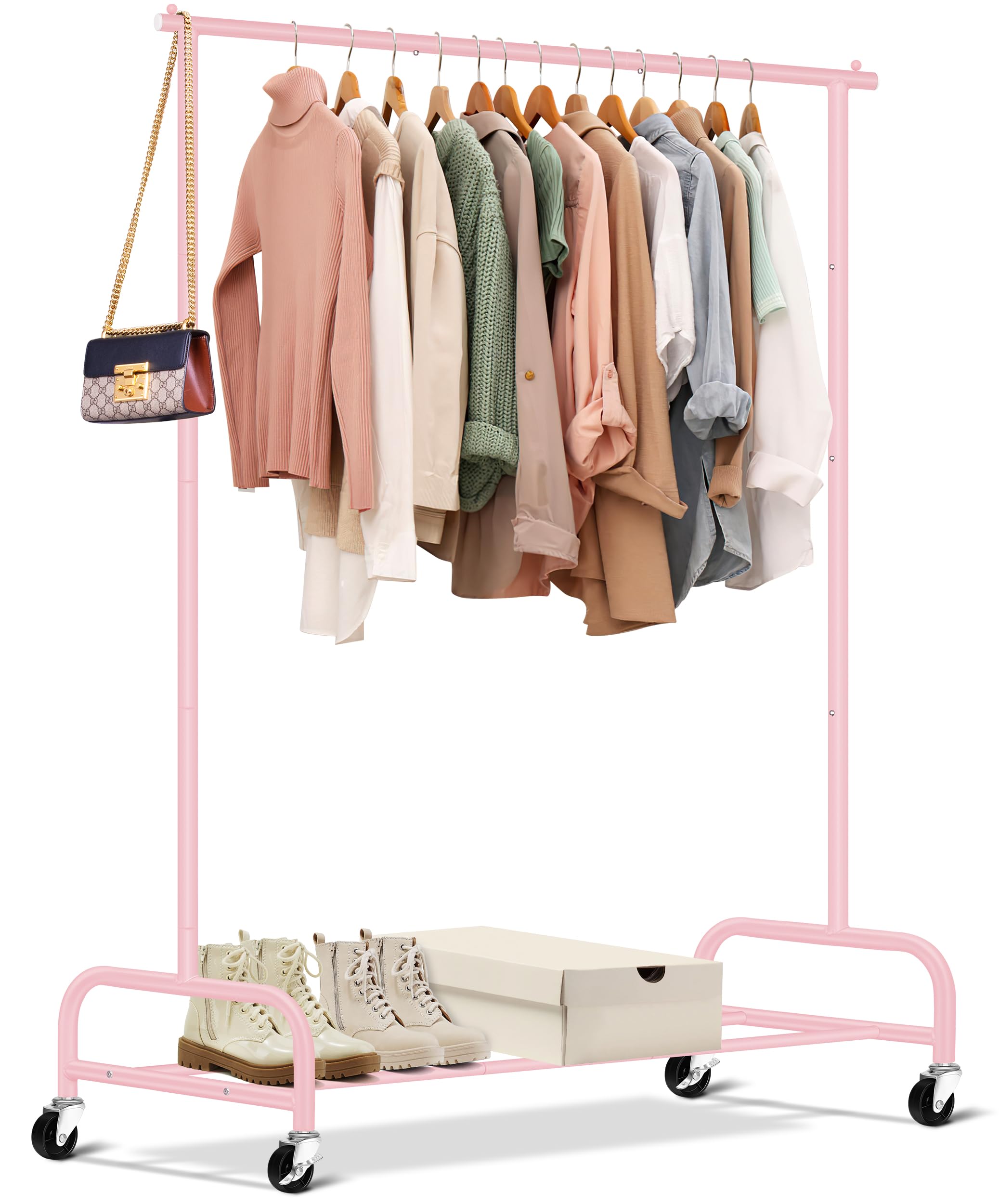 Photo 1 of SLEEPING LAMB Heavy Duty Clothing Racks for Hanging Clothes Rack, 43" Wide Rolling Garment Rack Metal Clothing Hanger Rack with Wheels Wardrobe Rack for Coats, Shirts, Dress (Pink)