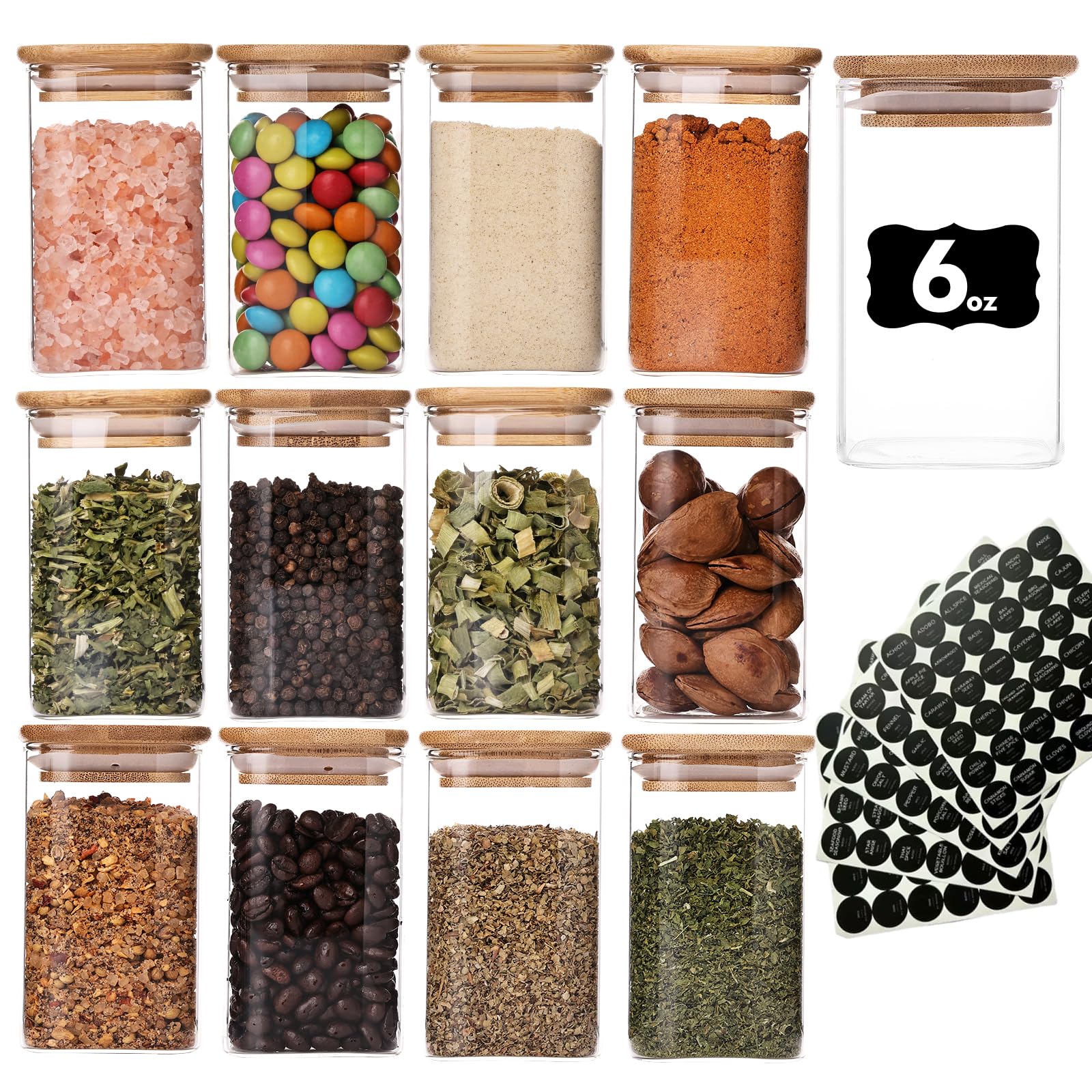 Photo 1 of 6oz Glass Spice Jars with Bamboo Lid and Label, 12 Pack Square Glass Container, Small Food Storage Containers for Kitchen, Clear Empty Seasoning Jar for Sugar, Salt, Coffee Bean, Herb, Borosilicate