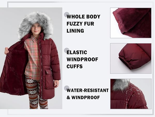 MAOO GARDEN GIRLS PUFFER WINTER COAT FAUX-DOWN HEAVYWEIGHT SNOW PARKA FUZZY FUR LINING HOOD WATER-RESISTANT LONG JACKET WINE 10Y