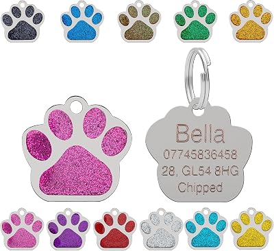 LARRYROO 27mm Glitter Paw Pet Tag Personalised Engraved Pink
