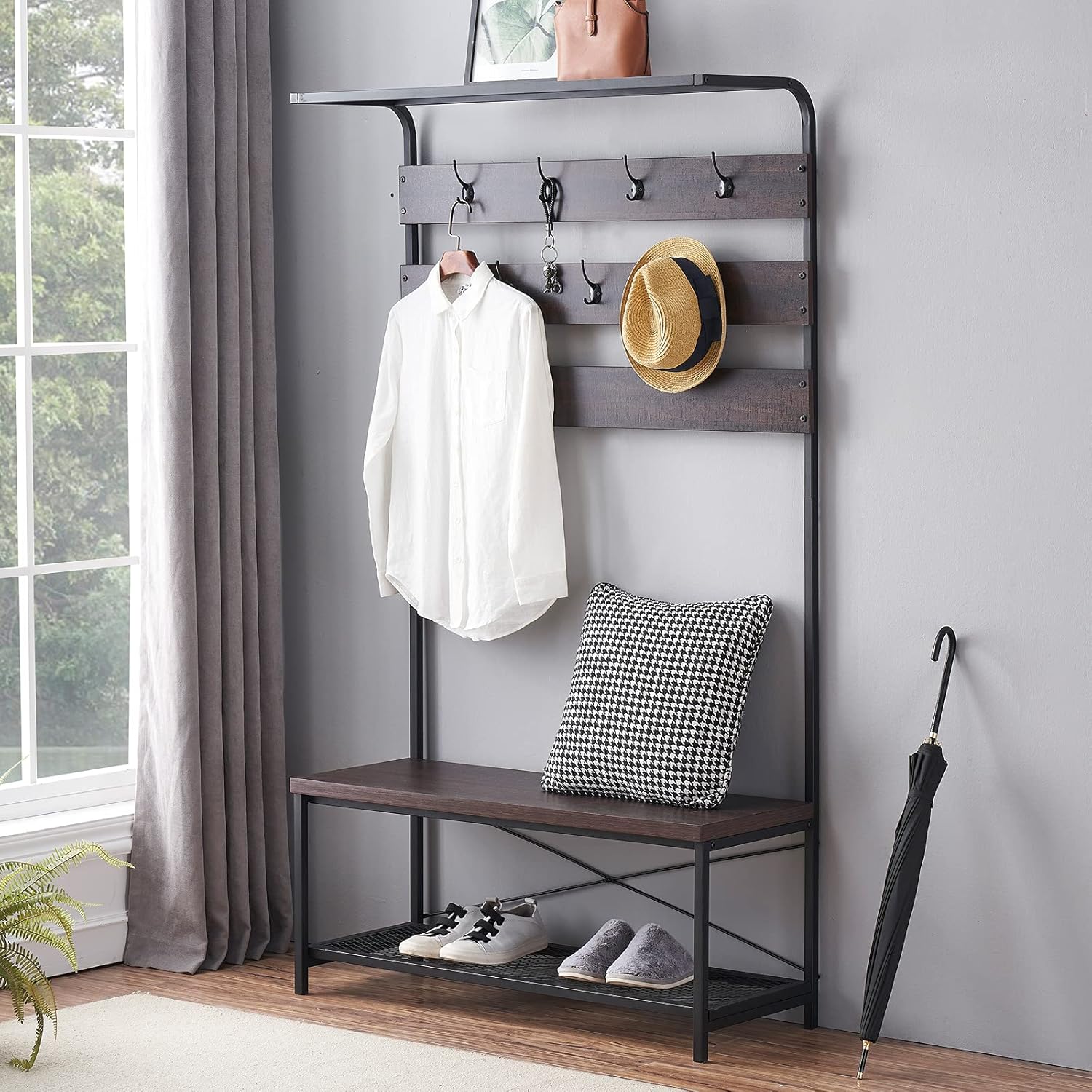 MHAOSEHU Entryway Coat Rack Bench, Modern Hall Tree with Storage Bench, Wood and Metal Hallway Bench with Coat Rack, Espresso 3-in-1 Design: Home Improvement