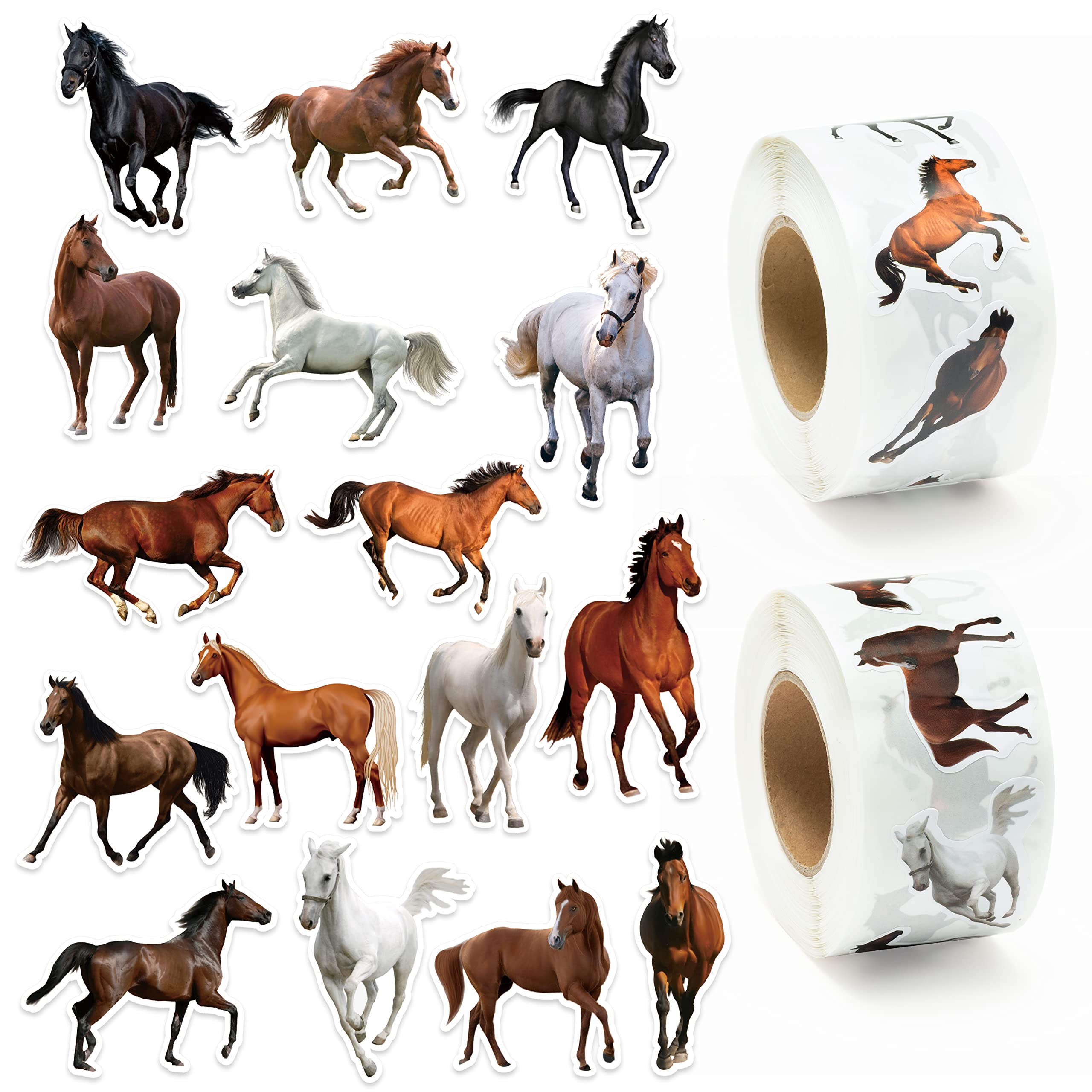 GROBRO7 1000Pcs Horse Realistic Stickers Roll, Lifelike Horse Decals Waterproof Vinyl Aesthetic Sticker for Water Bottle Scrapbooking Laptop Luggage Car, Party Bag Filler Favours for Boys Girls