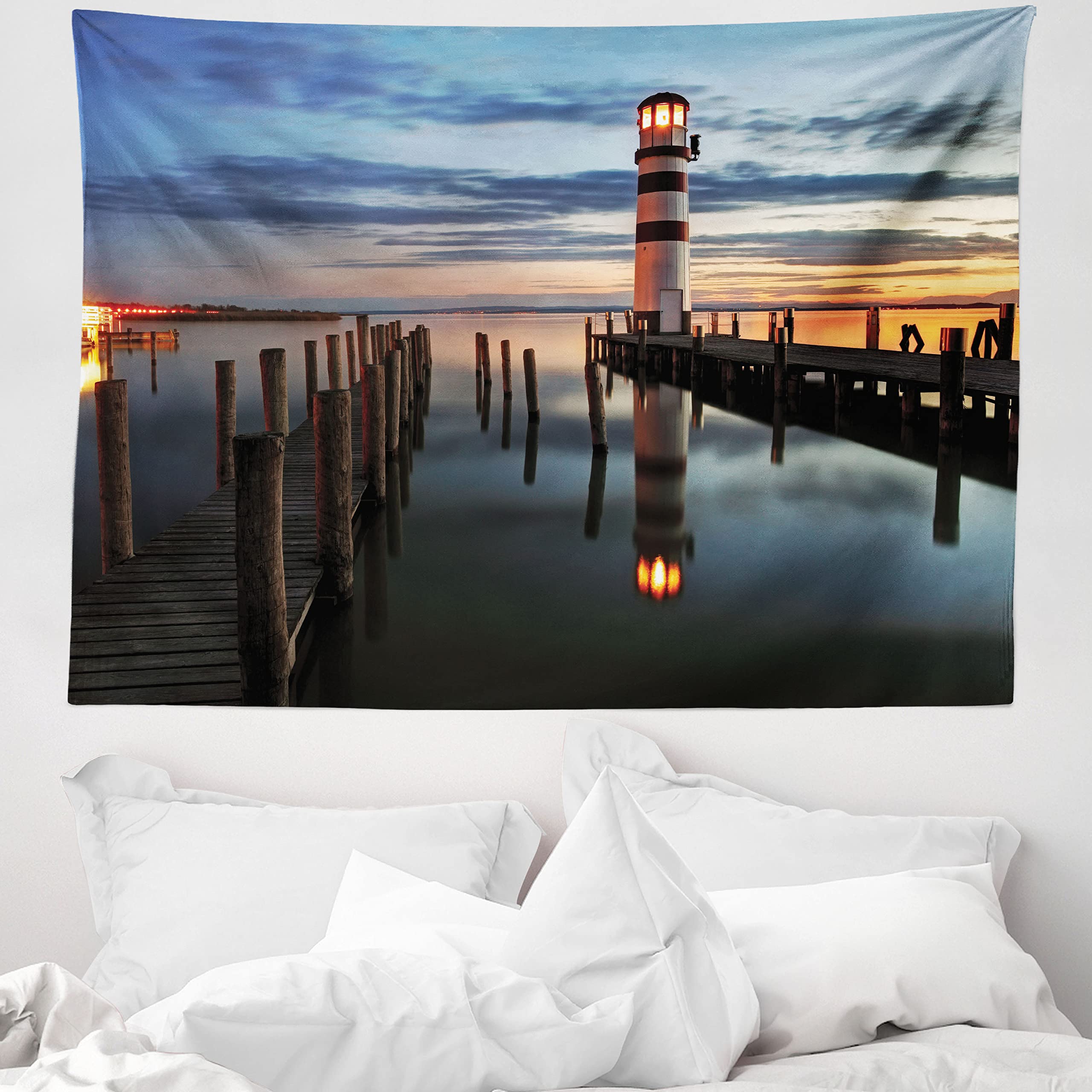 ABAKUHAUS Lighthouse Tapestry, Calm Dusk at Bay Lighthouse and Wooden Boardwalk Reflections on Water Clouds, Fabric Wall Hanging Decor for Bedroom Living Room Dorm, 58 W X 43 L, Multicolor