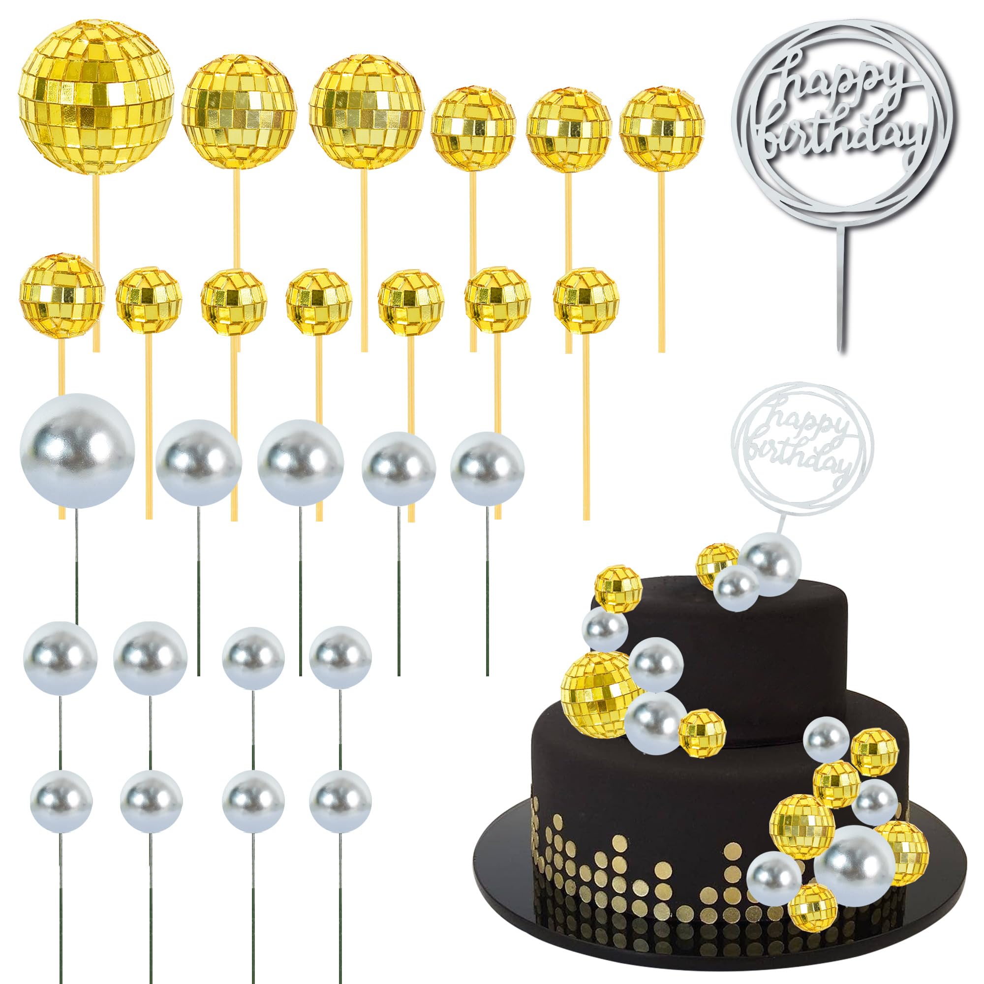 BEISHIDA 27 PCS Gold Disco Ball Cake Topper 1970s Disco Decorations Mini Ball Cake Toppers Mirror Ball Cupcake Toppers for Disco Theme Party 70s 80s Disco Party Birthday Cake Anniversary Wedding