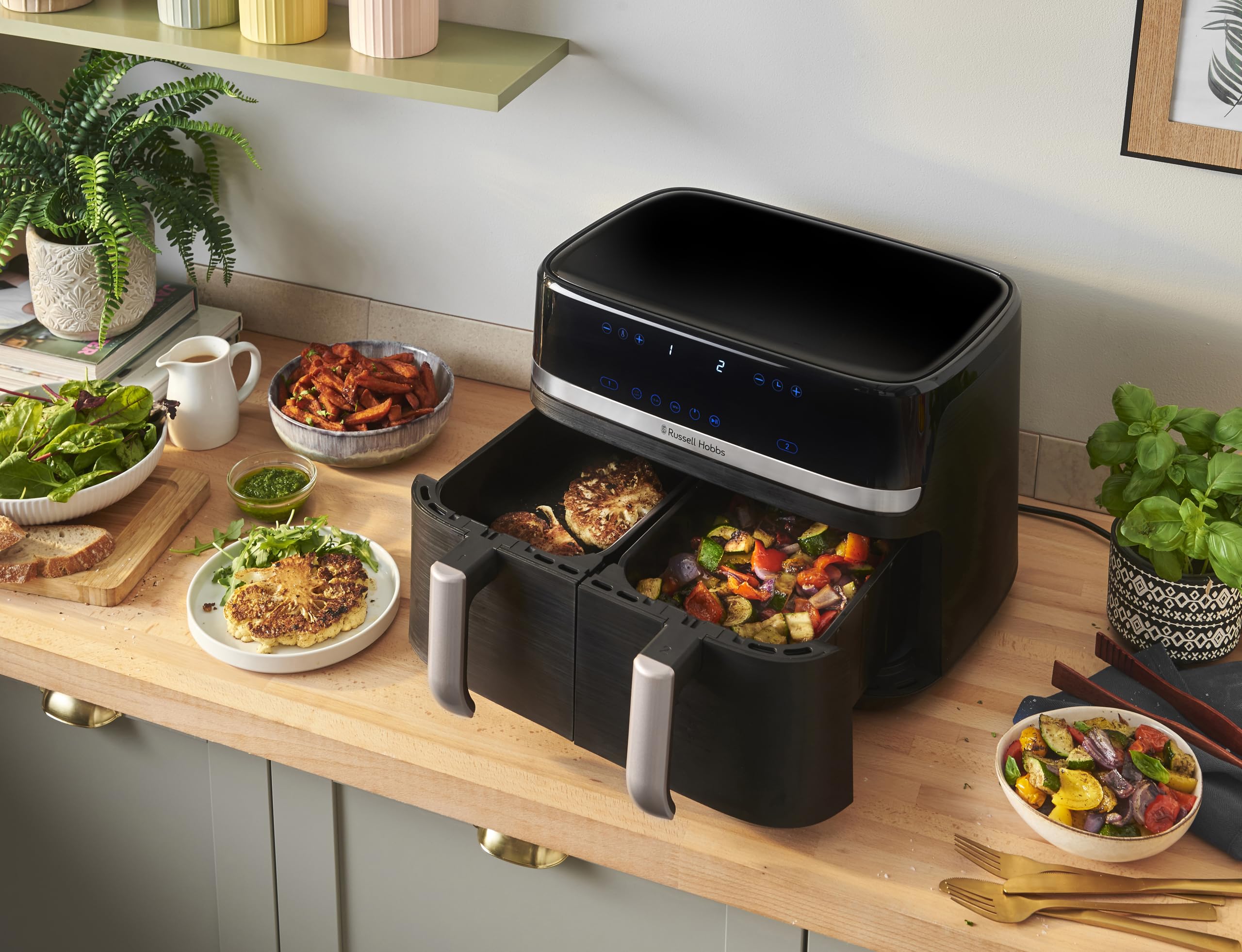 Russell Hobbs Heißluftfritteuse 2 Kammern 9L Rapid AirFryer [2 Fächer je 4,5l, sehr leiser Betrieb, 9 Programme] SatisFry Fritteuse (spülmaschinenfest, Match & Synchronisierungsfunktion) 27681-56 6