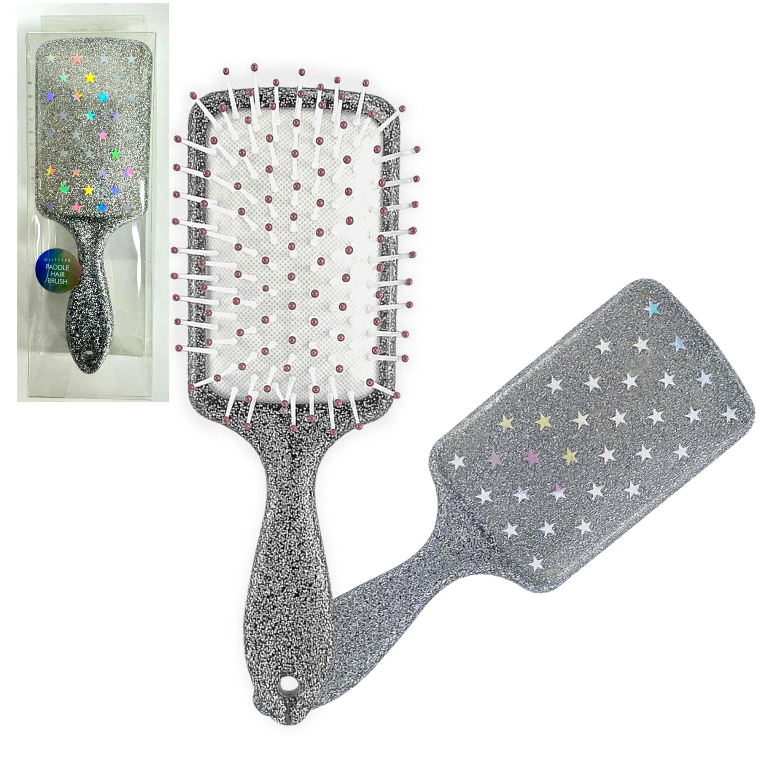 Girls Glitter Paddle Hairbrush - 19.5cm Detangle, Straighten, Blow Dry - Silver Grey Stars Design - Perfect Hair Accessory for Teens & Adults, Soft Bristles Hair Dressing Tool