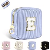 Playexen Small Initial Makeup Bag, Blue Corduroy Personalized Cosmetics Bag with Ring Buckle, Monogram Cute Travel Toiletry Pouch Purse for Birthday/Wedding/Party Gifts (Letter E)