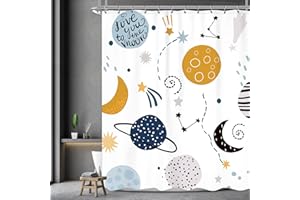 Ufeela Kids Planet Shower Curtain 72Wx78L Inch Cartoon Boys Universe Cute Shower Curtain Bathroom Set Funny Galaxy Cosmos Outer Space Moon Stars Extra Long Bath Curtain Bathtub Accessories Home Decor