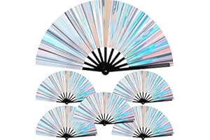Purpeak 6 Pcs Large Folding Fan for Line Dancing 13" Big Holographic Rave Handheld Popping Clapping Fans Boots on the Ground Fan for Women(Silver)