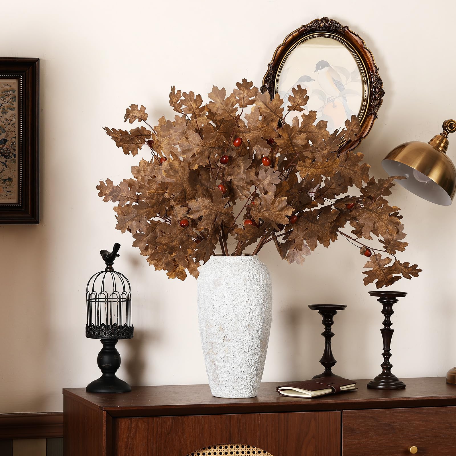 Photo 1 of Wavwavw 6 Pcs 32in Artificial Fall Faux Oak Branch Fake Oak Faux Fall Leaves Table Centerpieces Artificial Long Stem Greenery Foliage Farmhouse Home Decor for Autumn Thanksgiving (Brown)