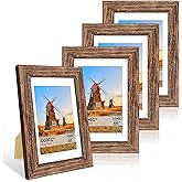 ccdcc 4x6 Picture Frame Set of 4, 4 x 6 Wood Photo Frames with Mat for 3.5x5, Natural Wooden Frame with Real Glass Cover for Wall and Tabletop Display,Rustic Brown
