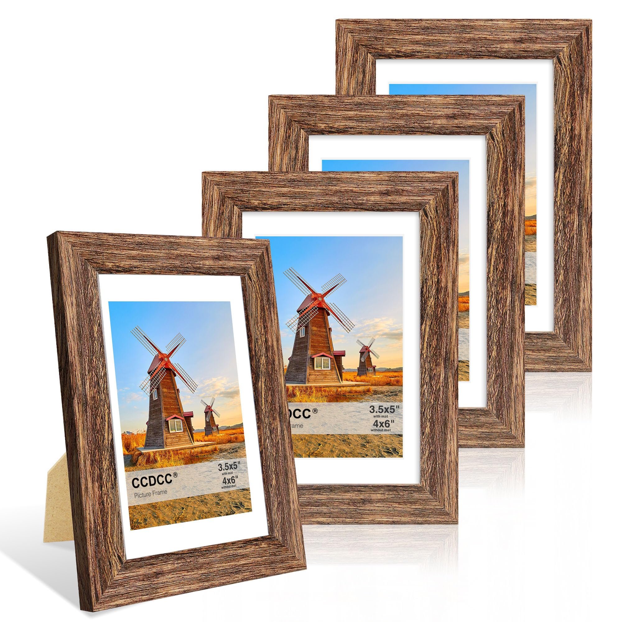 ccdcc 4x6 Picture Frame Set of 4, 4 x 6 Wood Photo Frames with Mat for 3.5x5, Natural Wooden Frame with Real Glass Cover for Wall and Tabletop Display,Rustic Brown