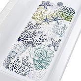 Topotdor Nautical Coastal Bathtub Mat Non Slip for Shower Tub, 40 X 16 Inch Extra Long Bath Mat for Elderly & Kids, Machine Washable Shower Floor Mat with Suction Cups & Drain Holes, Starfish Coral