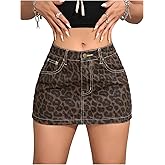 MakeMeChic Women's Leopard Print Denim Mini Skirt Y2k High Waist Jean Skirt with Pockets