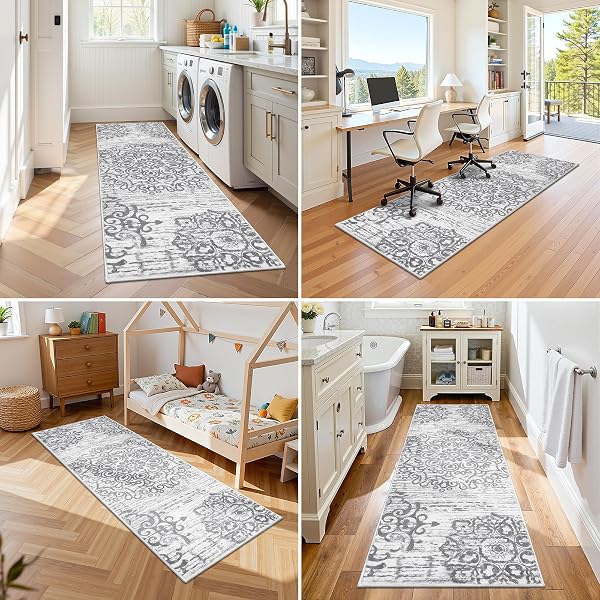 HEBE HALLWAY RUNNER RUG 2’X6′ WASHABLE VINTAGE KITCHEN RUGS NON SLIP LAUNDRY RUG RUNNER DISTRESSED BOHO FLOOR CARPET RUNNERS FOR HALLWAYS ENTRYWAY LAUNDRY ROOM KITCHEN BATHROOM