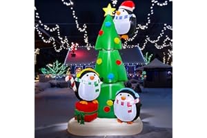 Joliyoou 8FT Christmas Inflatable Yard Decoration, Blow Up Giant Christmas Tree with Penguins Placing Star, Air-Blown Outdoor Holiday Display with Built-in LED and RGB Lights for Xmas Lawn Decor