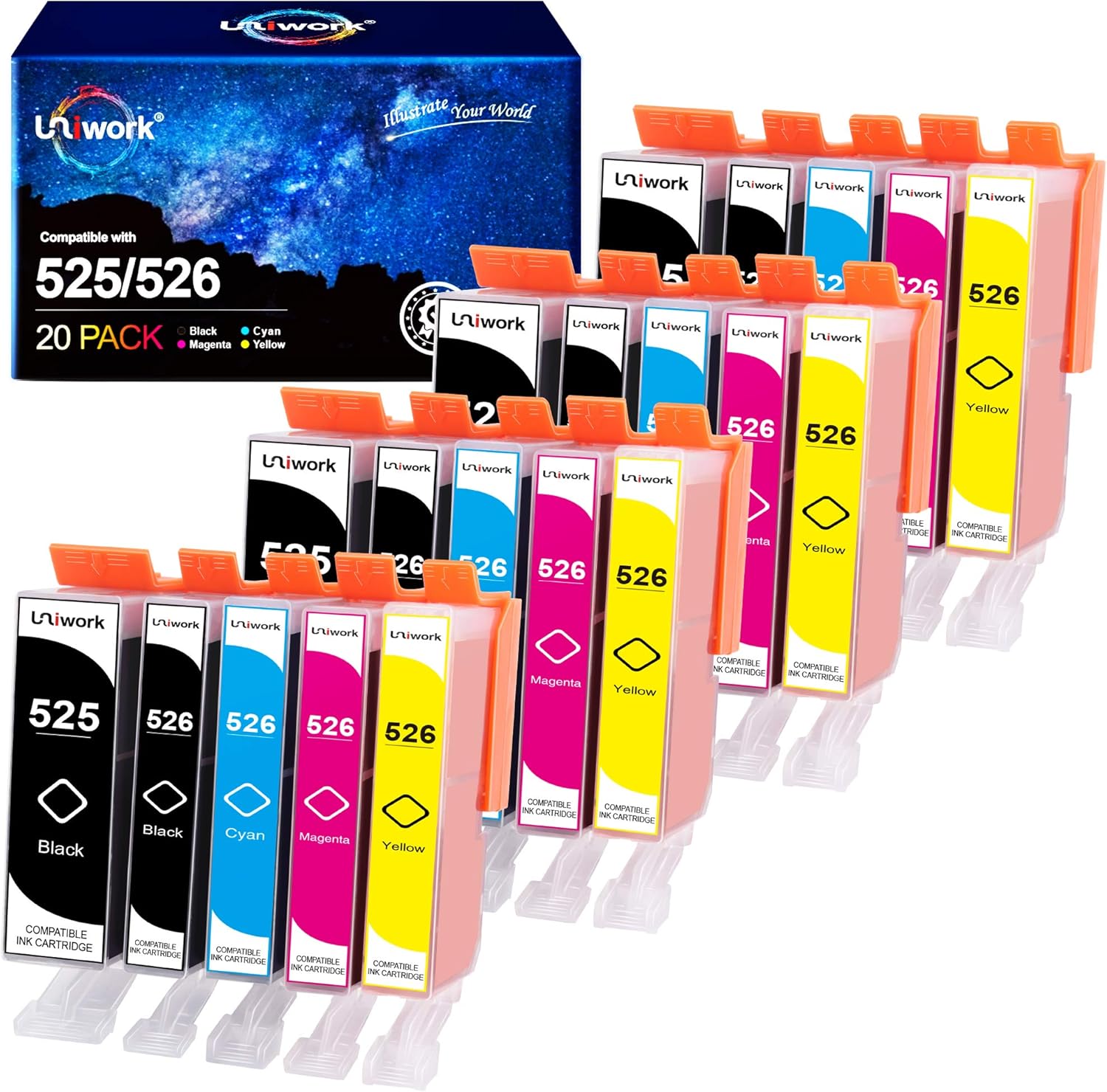 20 Uniwork Cartouches d'encre Compatibles pour Canon 525 526 PGI-525