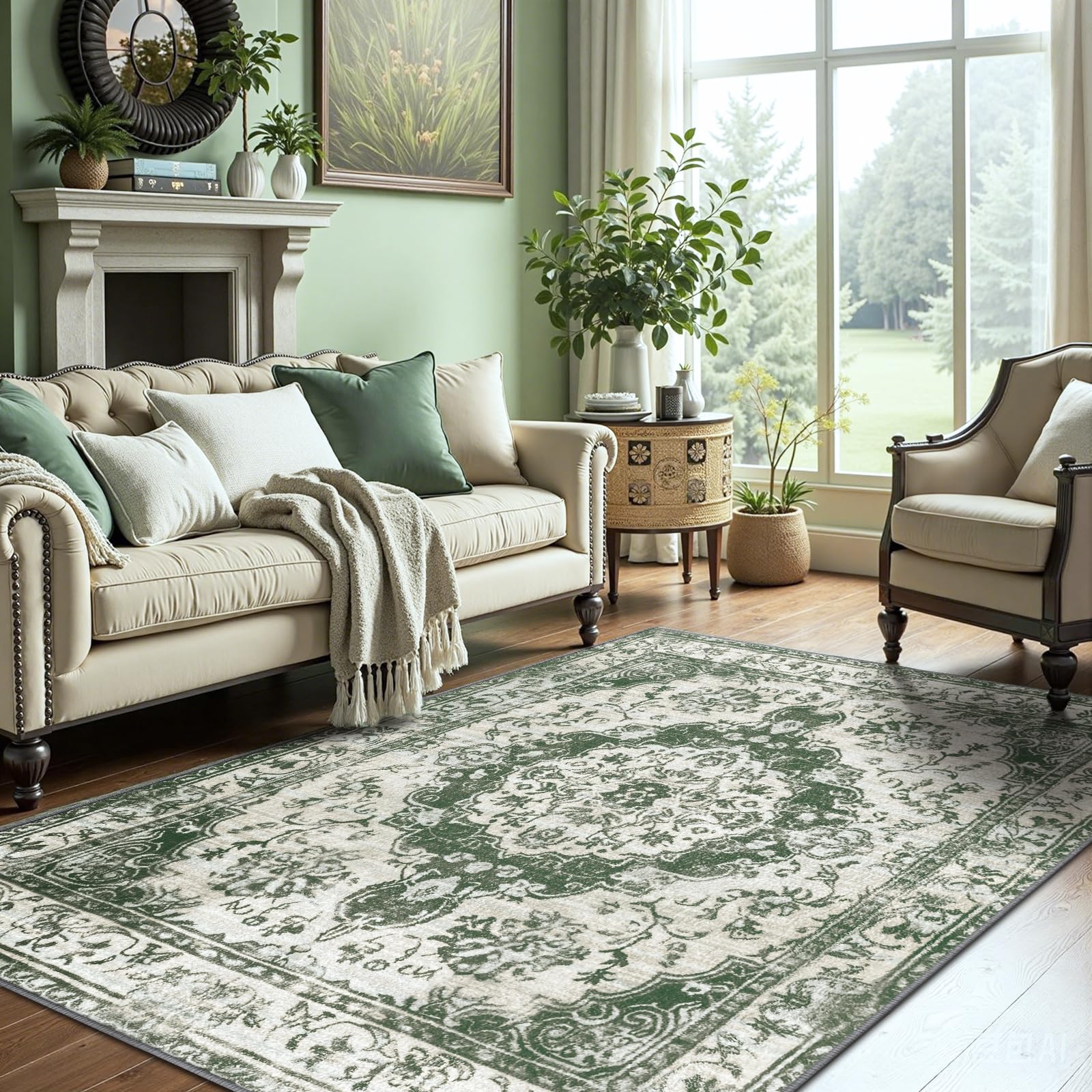 Photo 1 of KIRFEIHT Machine Washable 5x7 Area Rug Boho Vintage Non Slip Rug for Living Room, Bedroom Soft Faux Wool Low Pile Carpet Stain Resistance Mat for Dining Room Grey Green